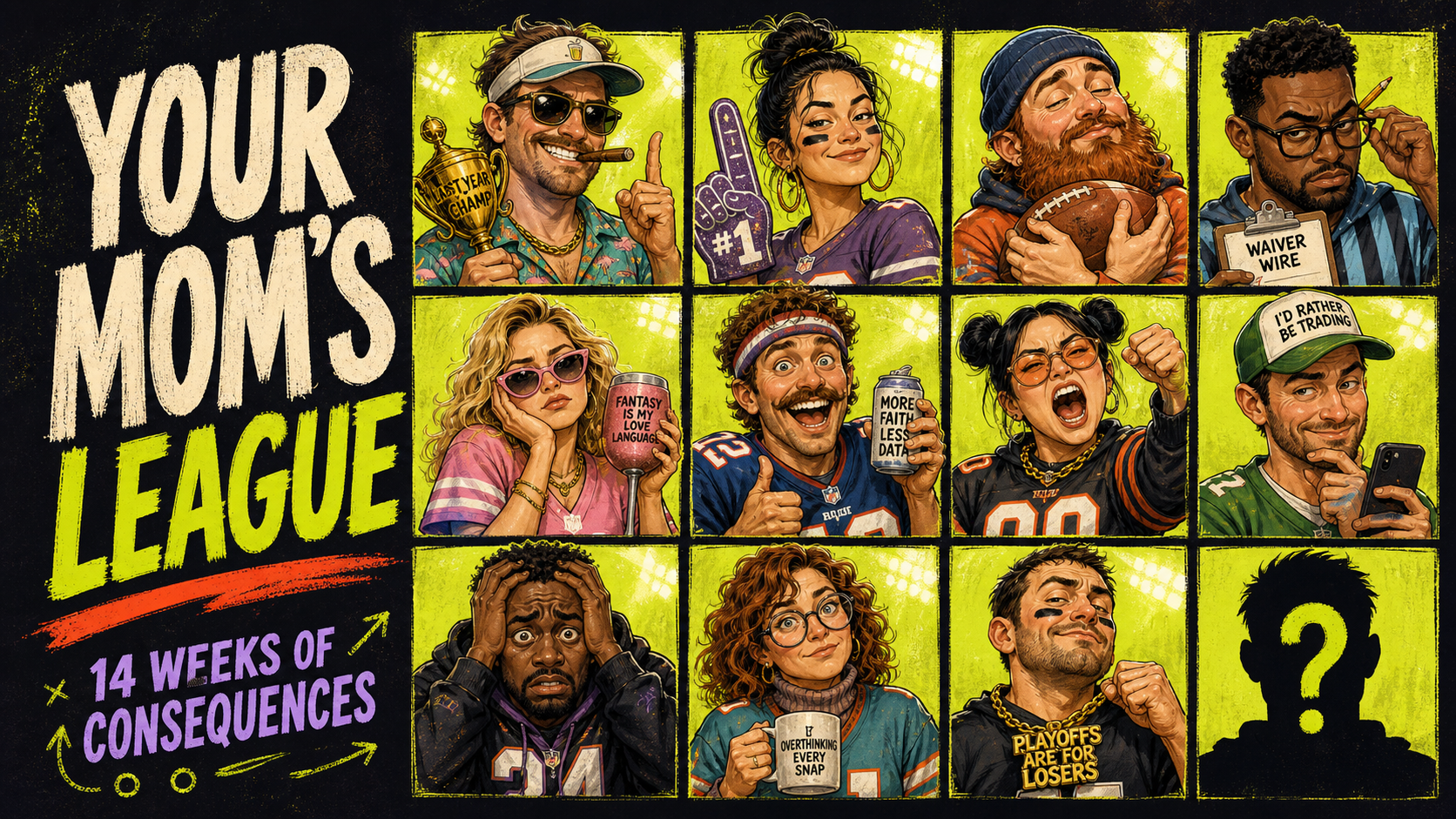 An illustrated lineup representing the twelve fantasy football managers